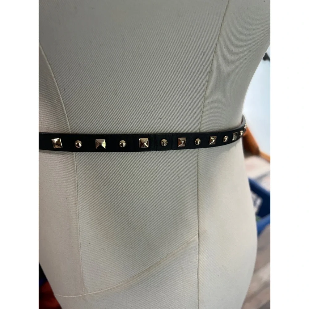 J.Crew Black Leather Skinny Studded Belt Gold Hardware Slim 35 Inch